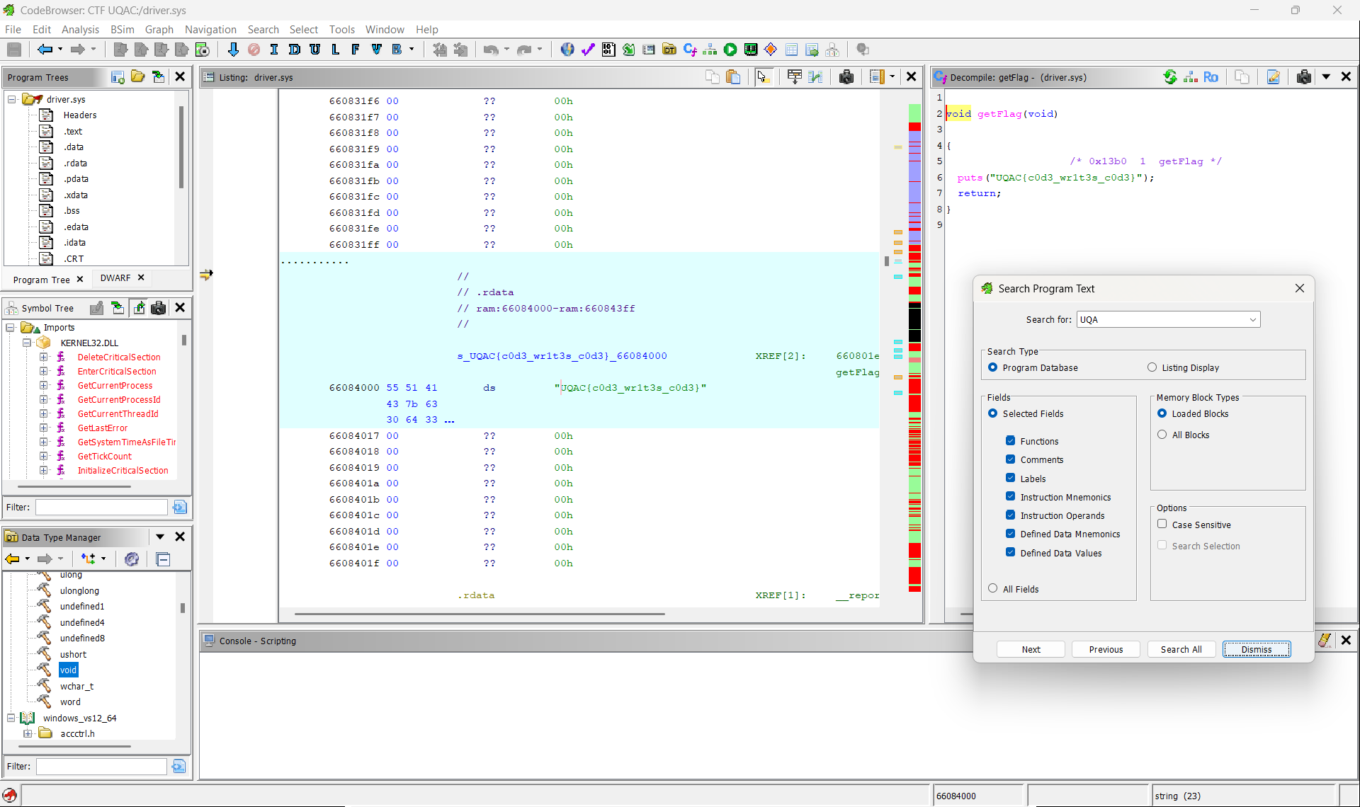Ghidra affichant le code du challenge de reverse engineering