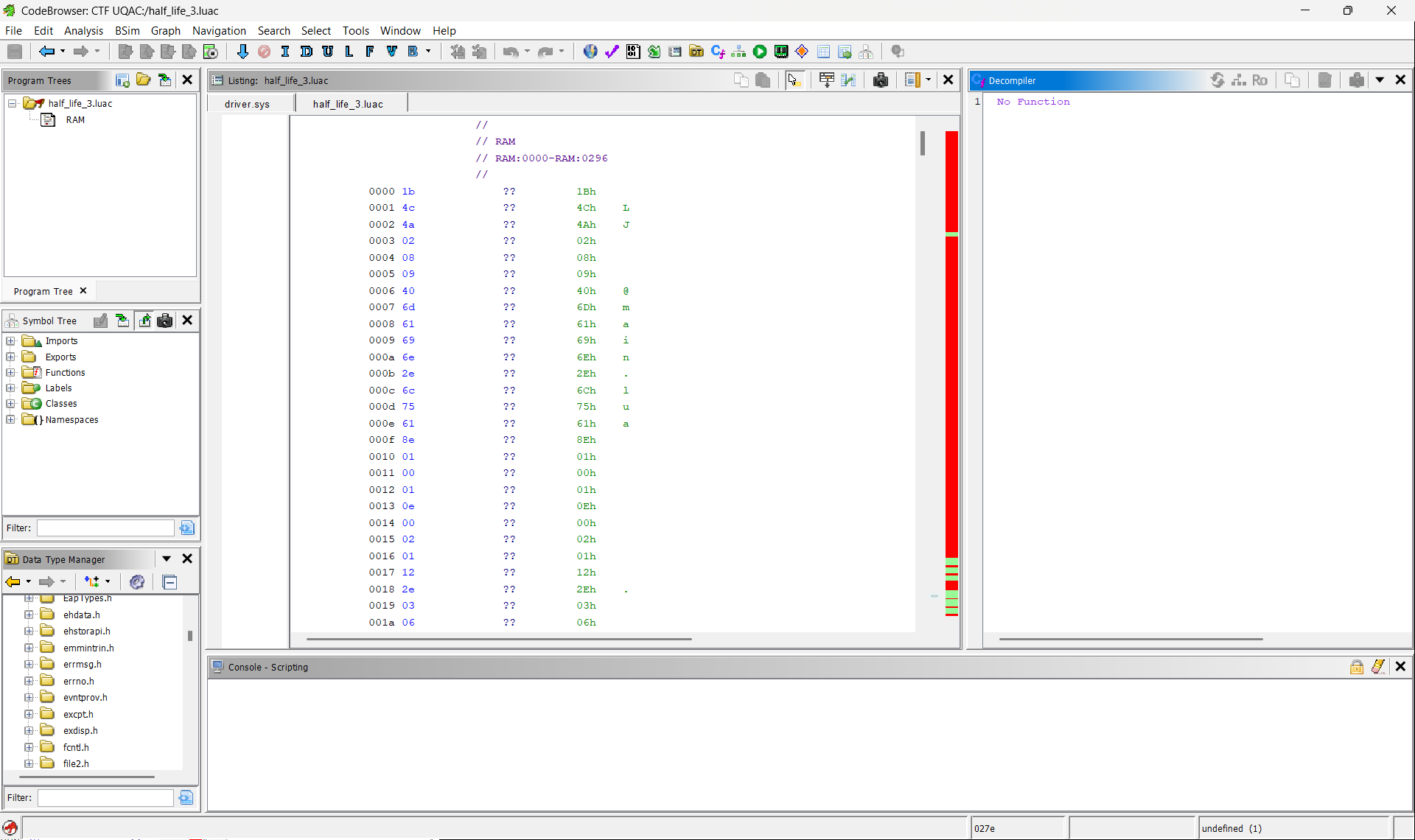 Fichier half_life_3.luac ouvert dans Ghidra